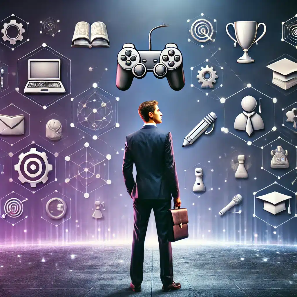 Contact 2 Un homme d'affaires dans un environnement futuriste, observant des éléments flottants représentant la gamification et l'éducation.