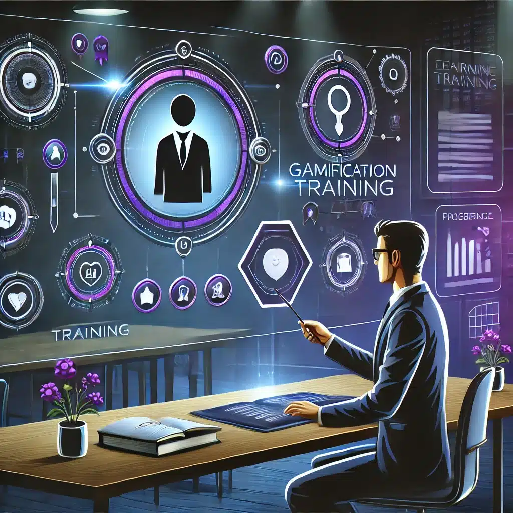 Illustration représentant une formation gamifiée immersive, avec un professionnel engageant dans un environnement futuriste de formation.