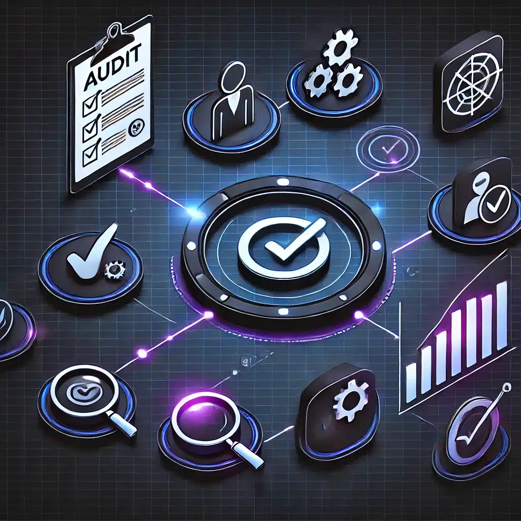 Ingénierie pédagogique 1 Une illustration élégante et professionnelle représentant un processus d'audit en gamification, avec des icônes de graphiques, des coches, des loupes et des outils mécaniques, le tout dans des tons sombres avec des accents violets et bleus.
