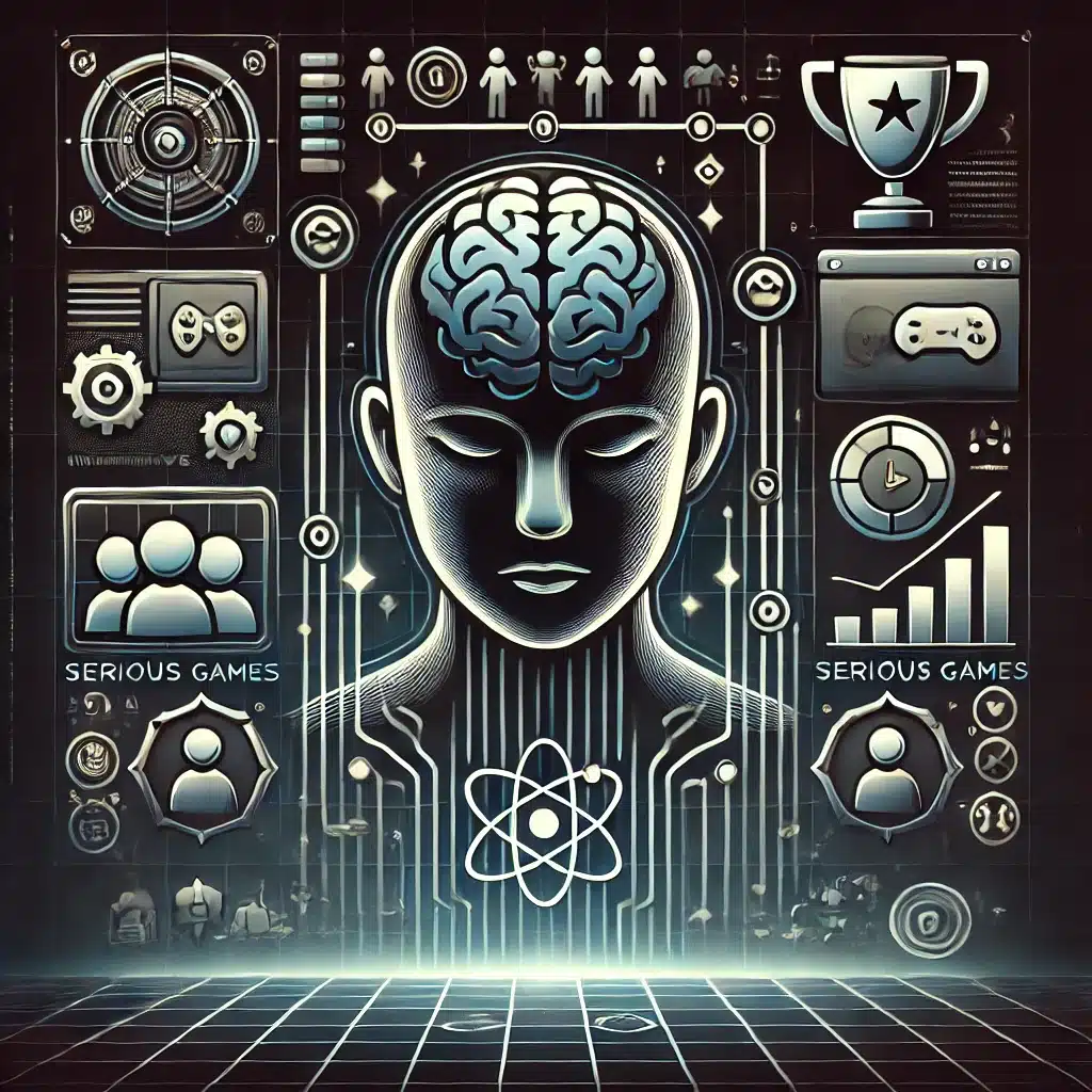 Ingénierie pédagogique 3 Une illustration professionnelle et élégante représentant le concept de "serious games", avec des éléments visuels comme des icônes de trophées, des cerveaux stylisés et des graphiques interactifs pour symboliser l'apprentissage et l'engagement par le jeu.