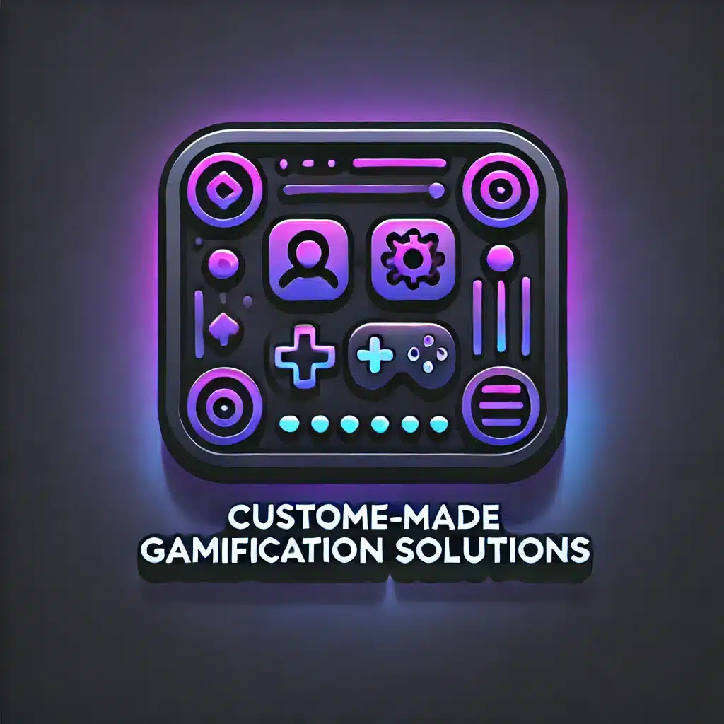 Services 3 Icône représentant des solutions de gamification sur mesure, avec des éléments de jeu stylisés en néon violet et bleu, sur un fond sombre, reflétant un style moderne et professionnel.