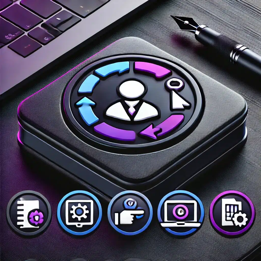 Services 2 Une icône professionnelle représentant la gamification des formations existantes, utilisant les couleurs de la charte graphique du site, avec un design moderne et futuriste.