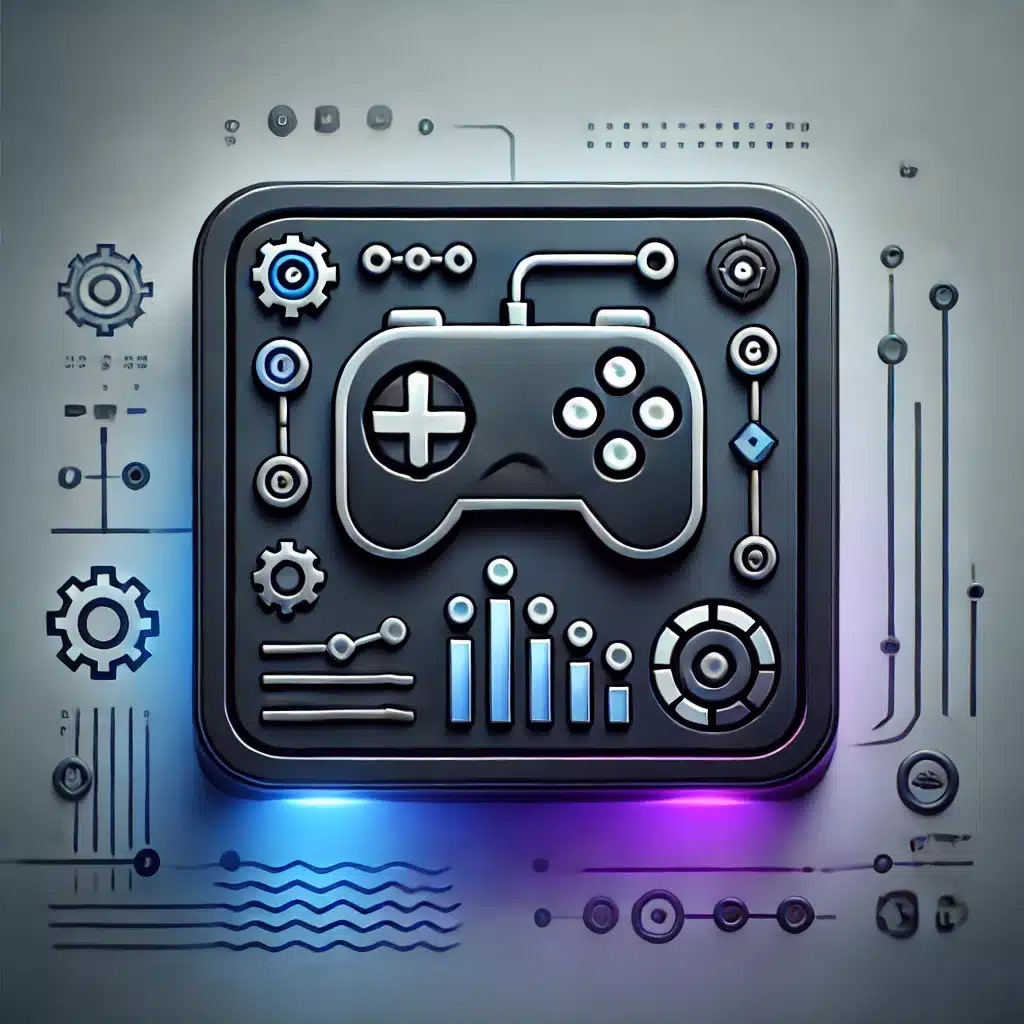Services 4 Icône professionnelle représentant la gamification des programmes de formation existants, avec des tons modernes et sombres, accentués de bleu néon et violet.